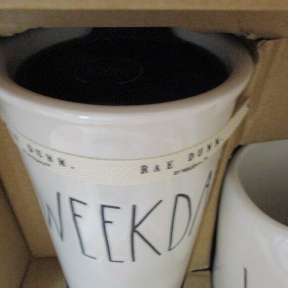 Rae Dunn 2 Piece WEEKDAY & WEEKEND Travel & Mug Set New in Box - Picture 5 of 6